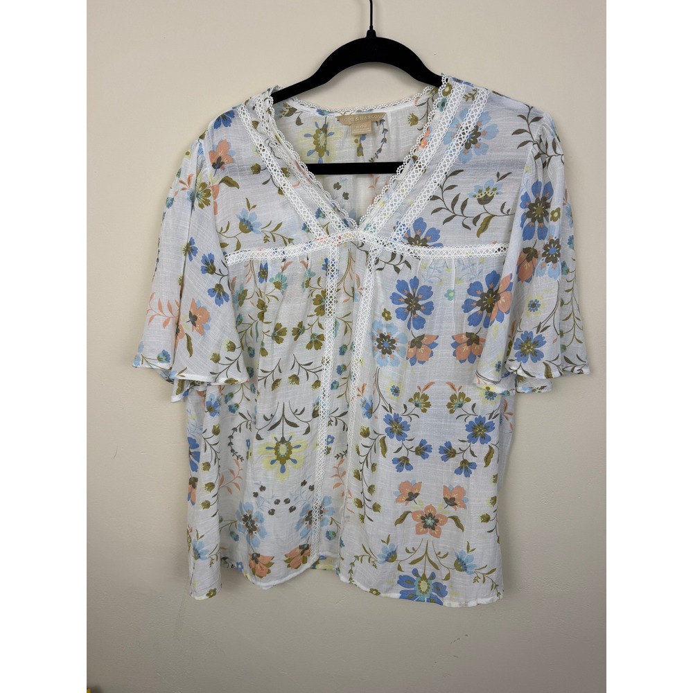 Blouse XL Blue Floral Lace Trim Flutter Sleeve Boho Cottagecore V Neck